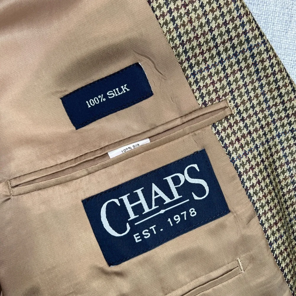 Vintage 90s CHAPS Houndstooth 100% Silk Blazer Sport Coat Men 42R Tan Prep Ivy‎